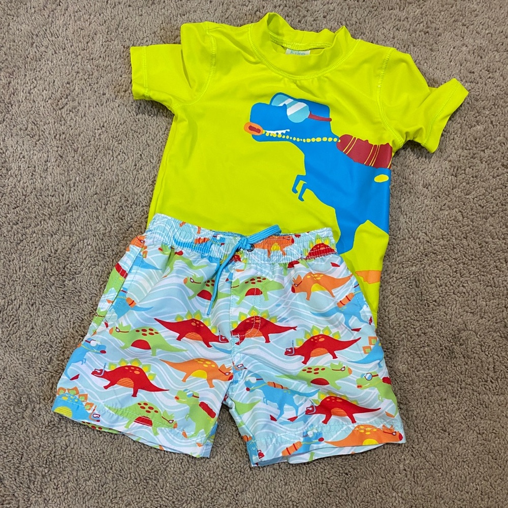 swim trunks and rash guard